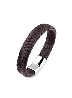 MARIO DRAFTS Men's Braided Leather Bracelet, Brown with Silver Magnetic Clasp  - Image 3