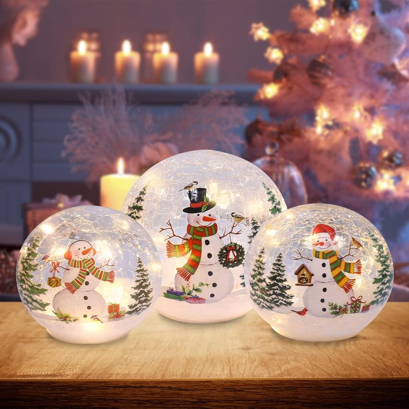 PHITRIC Christmas Decorations Indoor, 3 pcs Sparkling Snowman Globes with LED Lights and Timer, Tabletop Xmas Decor for Fireplace, Table, Home Decor Indoor - Image 1