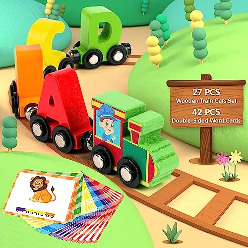 Vanmor 27 PCS Magnetic Wooden Alphabet Train Sets ABC Letter Learning Toy Trains with 42 PCS Flash Cards 1 Engine 1 Storage Bag Toddlers Kids Boys Girls Educational Toys for 3 4 5 6 7 Years Old - Image 5