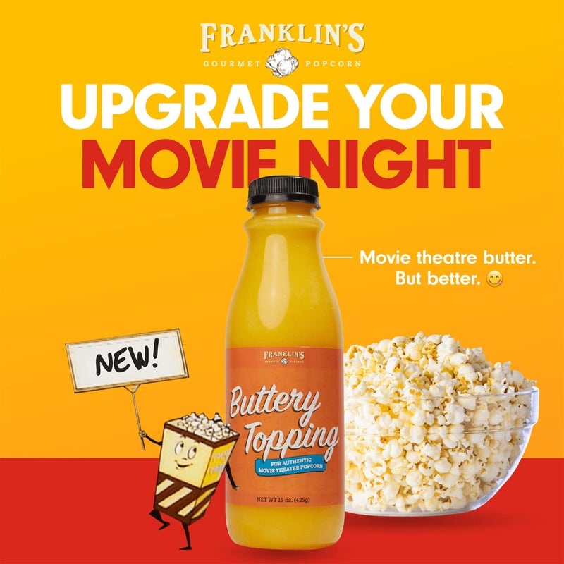 Franklin's Gourmet Popcorn Buttery Popcorn Topping - Kosher, Gluten Free, Vegan & Zero Trans Fat Popcorn Butter Topping - Popcorn Flavoring for Authentic Movie Theater Taste - 15 oz. - Image 4