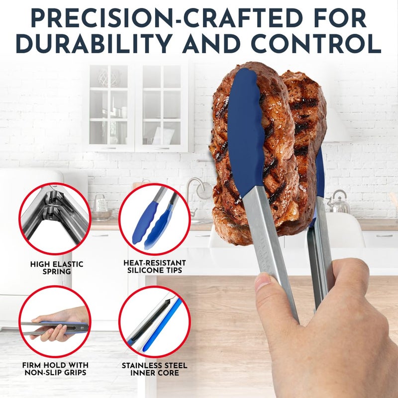 Culinary Couture Silicone Kitchen Tongs with Silicone Tips, Set of 3 Heat Resistant Tongs for Serving Food, 7-Inch, 9-Inch, 12-Inch Locking Silicone Tongs for Cooking Tongs, Salad Tongs, Blue Kitchen Utensils - Image 3