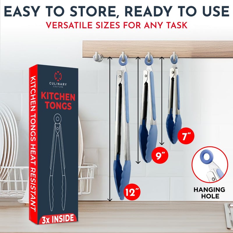 Culinary Couture Silicone Kitchen Tongs with Silicone Tips, Set of 3 Heat Resistant Tongs for Serving Food, 7-Inch, 9-Inch, 12-Inch Locking Silicone Tongs for Cooking Tongs, Salad Tongs, Blue Kitchen Utensils - Image 2