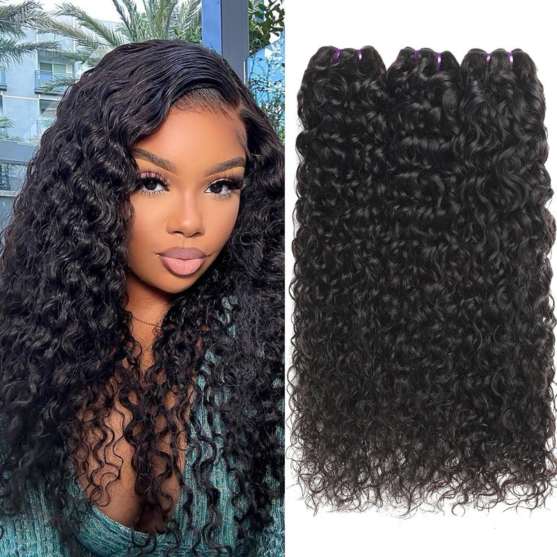 Beauty Queen 16 18 20 Inch Human Hair Bundles Water Wave 100 Unprocessed 16A Grade Brazilian Virgin Remy Hair Bundles Wet and Wavy 3 Bundles Hair Extensions Natural Black
