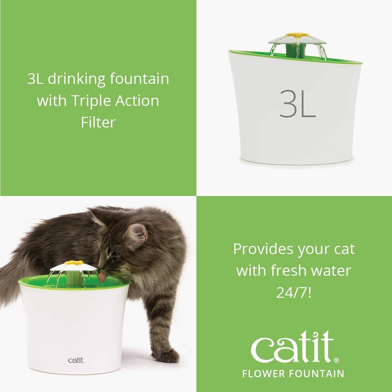 Catit Flower Fountain with Triple Action Filter, Cat Drinking Water Fountain, 3 L, Green - Image 2
