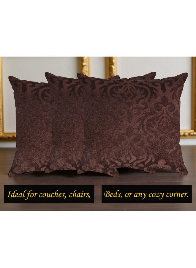 STARNSTYLE غطاء وسادة زخرفي من ستارنستيل مخمل 24x24 بوصة - مجموعة من 3، أغطية وسائد مربعة ناعمة من داماسك للكنبة، غرفة المعيشة أو ديكور المنزل - 60x60 سم قهوة - Image 3