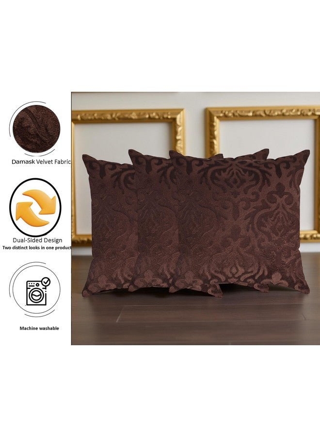 STARNSTYLE غطاء وسادة زخرفي من ستارنستيل مخمل 24x24 بوصة - مجموعة من 3، أغطية وسائد مربعة ناعمة من داماسك للكنبة، غرفة المعيشة أو ديكور المنزل - 60x60 سم قهوة - Image 2