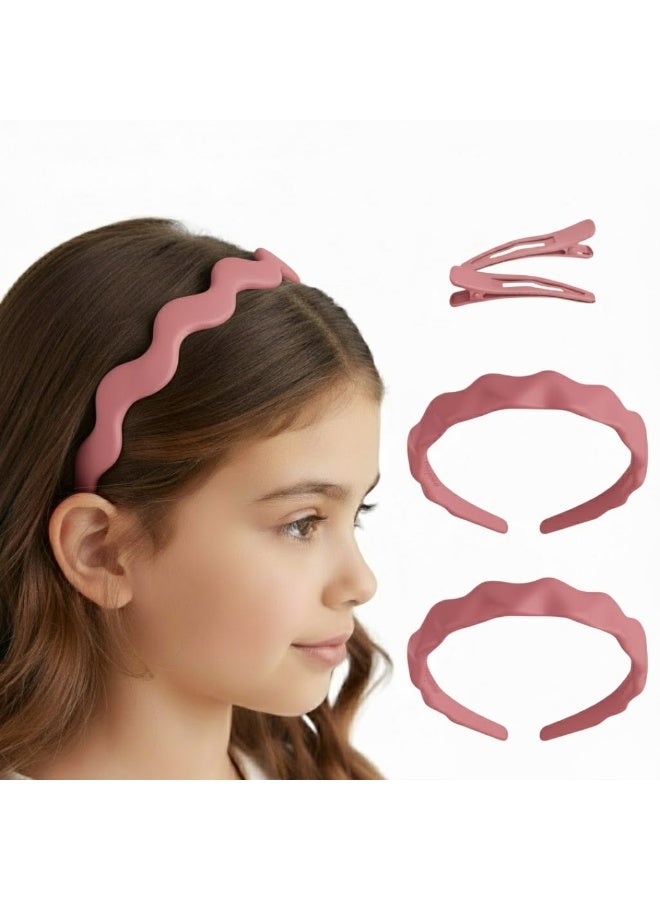 4 Pcs Pink Wavy Headbands Set – Stylish Non-Slip Hair Accessories for Women & Girls with Matching Hair Clips