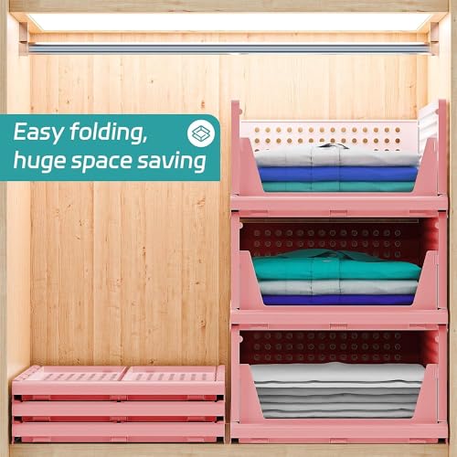 JEYANG Clothes Organizer for Wardrobe - Foldable and Stackable Closet Cupboard Almirah Space Organiser for Shirt, T Shirt, Jeans (Pack of 12, Pink) - Image 2