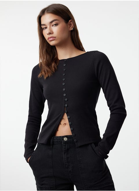 Black Button Detailed Crew Neck Ribbed Flexible Regular Length Knitted Blouse TWOAW25BZ00030