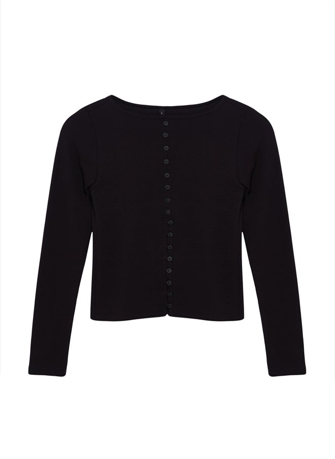 Black Button Detailed Crew Neck Ribbed Flexible Regular Length Knitted Blouse TWOAW25BZ00030