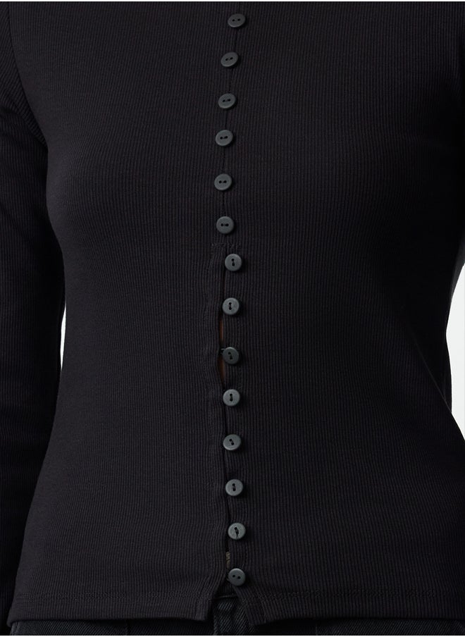 Black Button Detailed Crew Neck Ribbed Flexible Regular Length Knitted Blouse TWOAW25BZ00030