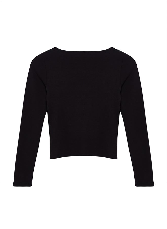Black Button Detailed Crew Neck Ribbed Flexible Regular Length Knitted Blouse TWOAW25BZ00030