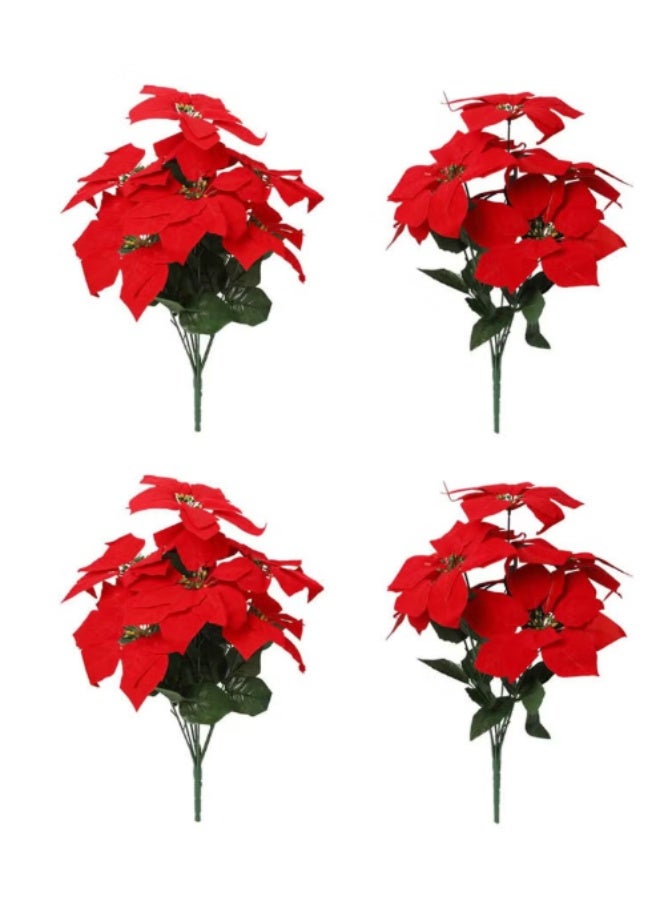 4-Piece Artificial Poinsettia Flower Bouquet - Classic Red Velvet Christmas & New Year Decor - Floral Stems for Vases and Wreaths - Image 1