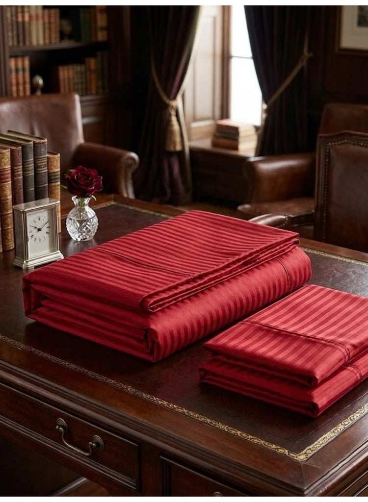 Elegant Hotel-Style Flat Bed Sheet - 90 GSM Soft Fabric with 300 TC Feel & 1cm Satin Stripes in Rich Royal Red, 280x270 CM Set - Image 4