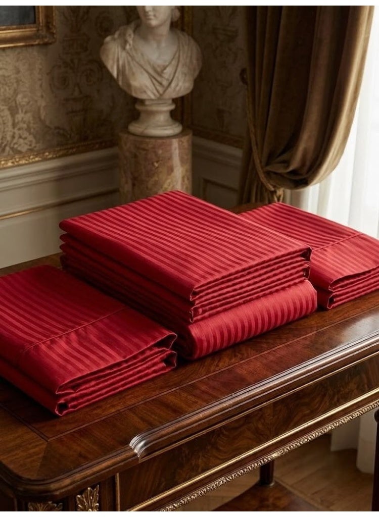 Elegant Hotel-Style Flat Bed Sheet - 90 GSM Soft Fabric with 300 TC Feel & 1cm Satin Stripes in Rich Royal Red, 280x270 CM Set - Image 3