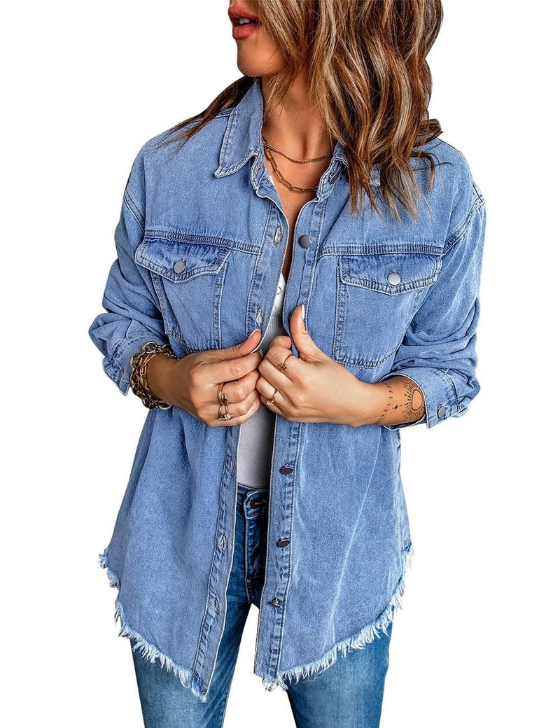 Vetinee Women's Women'S Fashion Oversized Boyfriend Wave Blue Front Button Up Frayed Raw Hem Long Sleeve Pockets Denim Jean Jacket Shacket XX-Large Size 20 Size 22 - Image 2
