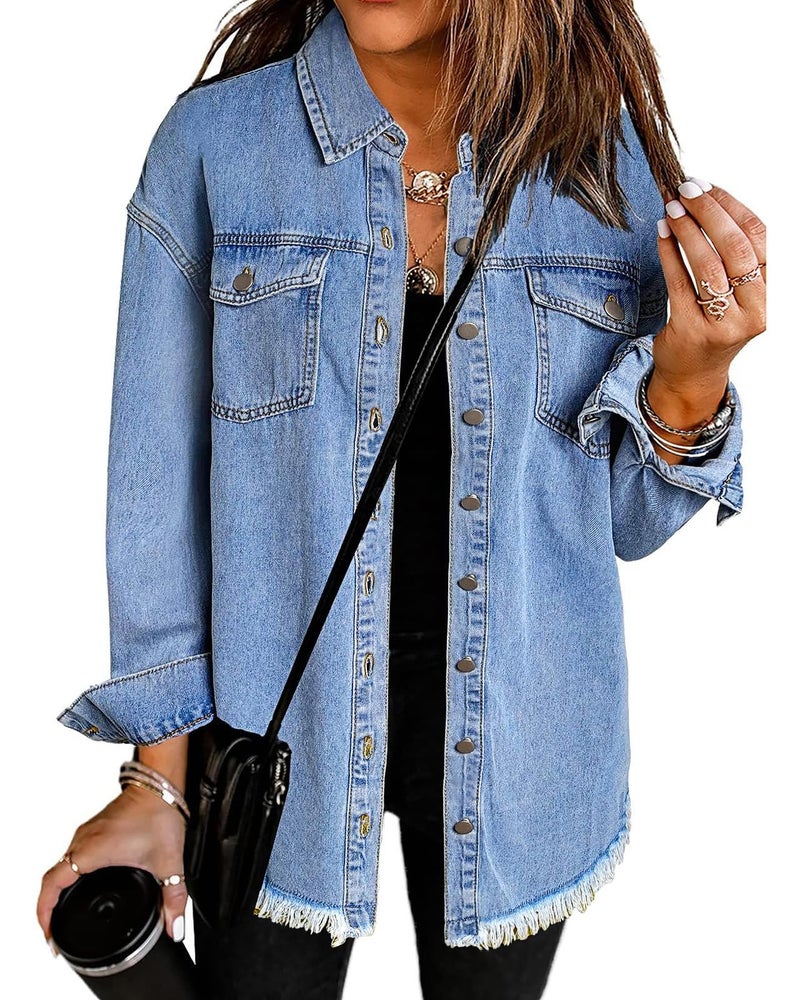 Vetinee Women's Women'S Fashion Oversized Boyfriend Wave Blue Front Button Up Frayed Raw Hem Long Sleeve Pockets Denim Jean Jacket Shacket XX-Large Size 20 Size 22 - Image 1