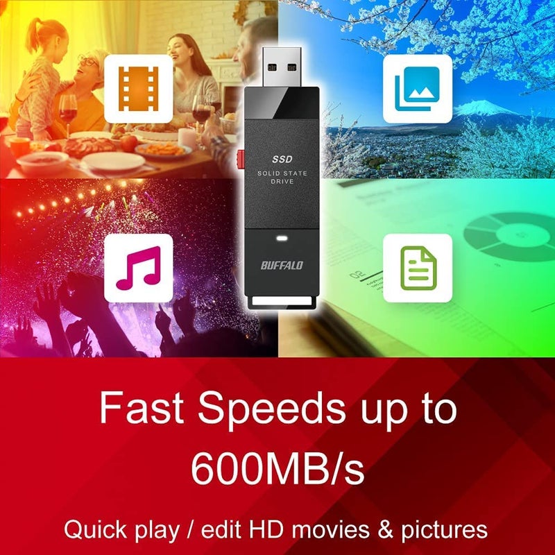 BUFFALO External SSD 500GB - Up to 600MB/s - USB-C - USB-A - USB 3.2 Gen 2 (Compatible with PS4 / PS5 / Windows/Mac) - External Solid State Drive Stick - â€Žâ€Žâ€ŽSSD-PUT500U3B - Image 1