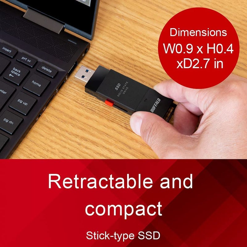 BUFFALO External SSD 500GB - Up to 600MB/s - USB-C - USB-A - USB 3.2 Gen 2 (Compatible with PS4 / PS5 / Windows/Mac) - External Solid State Drive Stick - â€Žâ€Žâ€ŽSSD-PUT500U3B - Image 4