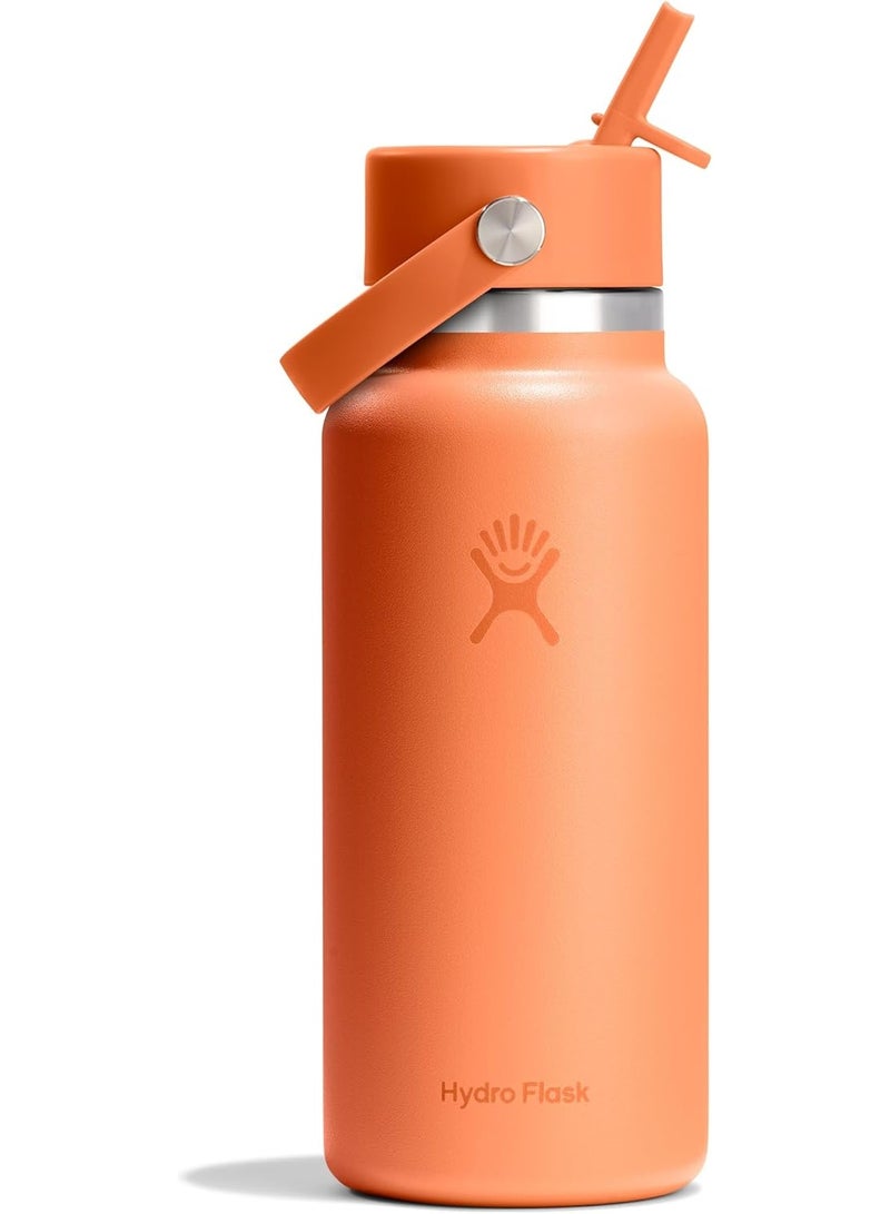 Hydro Flask زجاجة ماء هيدرو فلاسک 950 مل بفتحة واسعة مع مقبض وقشة قابلة للطي - فولاذ مقاوم للصدأ معزول - مقاومة للتسرب - برتقالي منتصف الليل - Image 1