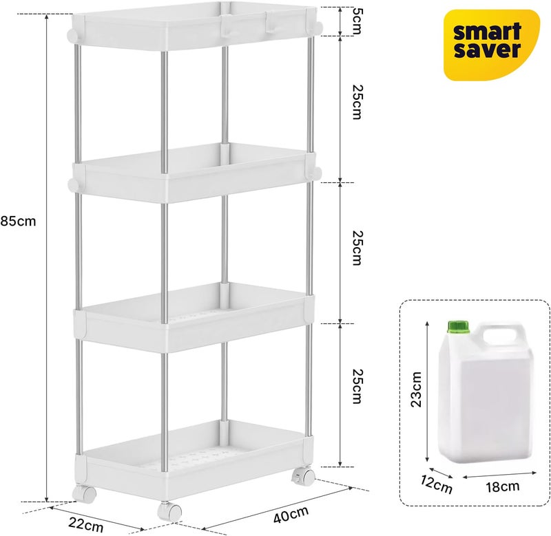 Smart Saver Stainless Steel Storage Multi Utility Trolley cart Caddy, 4-Tier Storage Rack with Wheels, Multifunctional Suitable for Office Kitchen Bathroom, W22 x D40 x H85cm, White - Image 2