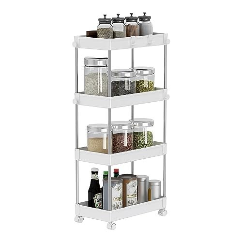 Smart Saver Stainless Steel Storage Multi Utility Trolley cart Caddy, 4-Tier Storage Rack with Wheels, Multifunctional Suitable for Office Kitchen Bathroom, W22 x D40 x H85cm, White - Image 1
