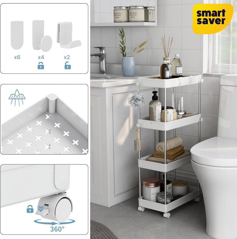 Smart Saver Stainless Steel Storage Multi Utility Trolley cart Caddy, 4-Tier Storage Rack with Wheels, Multifunctional Suitable for Office Kitchen Bathroom, W22 x D40 x H85cm, White - Image 3