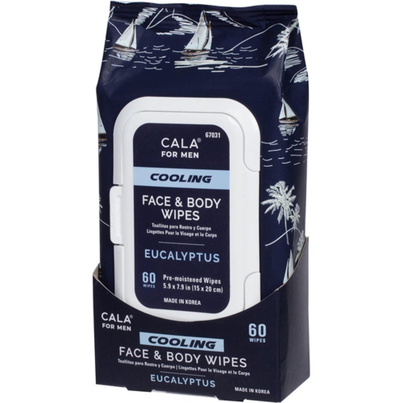 CALA Mens Cooling Face  Body Wipes Eucalyptus 60 Sheets  Refreshing Hydrating Wipes for a Clean Soothed Complexion Ideal for Active Men