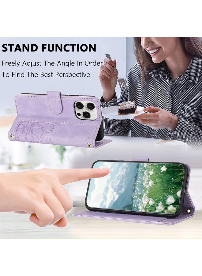 اس-توب جراب هاتف من الجلد المنقوش بنقشة زهور التوليب لهاتف iPhone 15 Pro مع حبل تعليق - Image 5