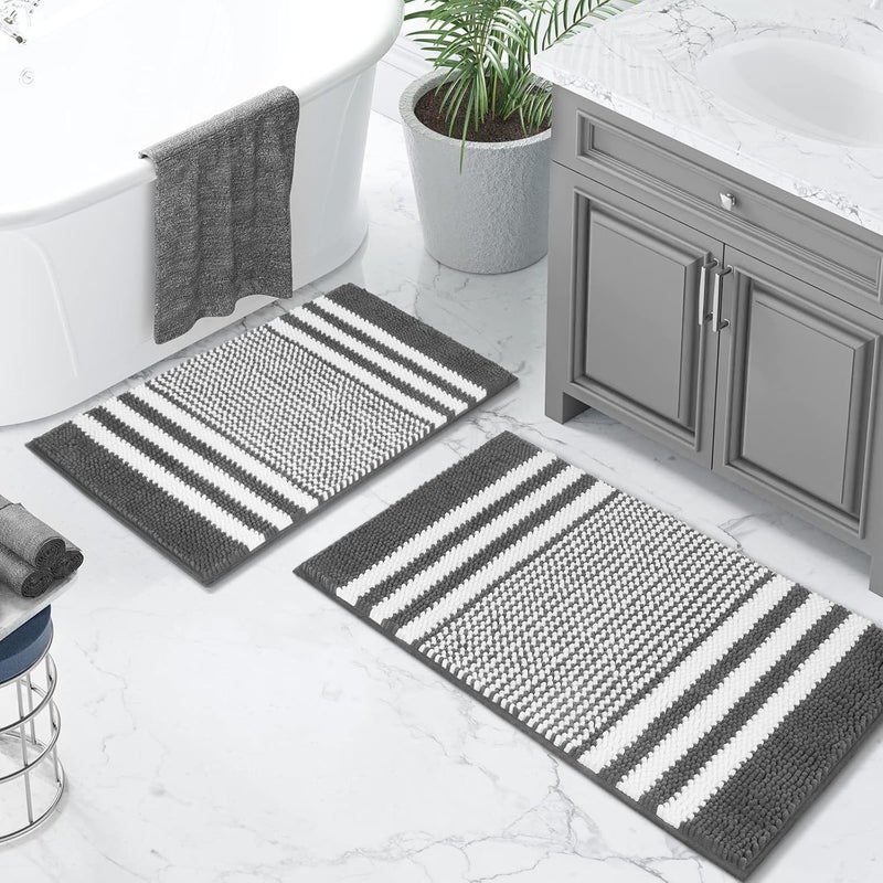 Tindbea Bathroom Rugs Set 2 Piece, Extra Soft and Absorbent Fluffy Striped Chenille Bath Mat Rug Set, Non Slip Bathroom Floor Mat, Machine Washable (20" x 32" Plus 16" x 24", Dark Gray) - Image 1