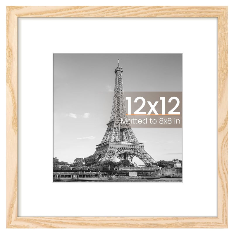 upsimples 12x12 Picture Frame Display Pictures 8x8 with Mat or 12 x 12 Without Wall Hanging Square Frames Natural 1 Pack