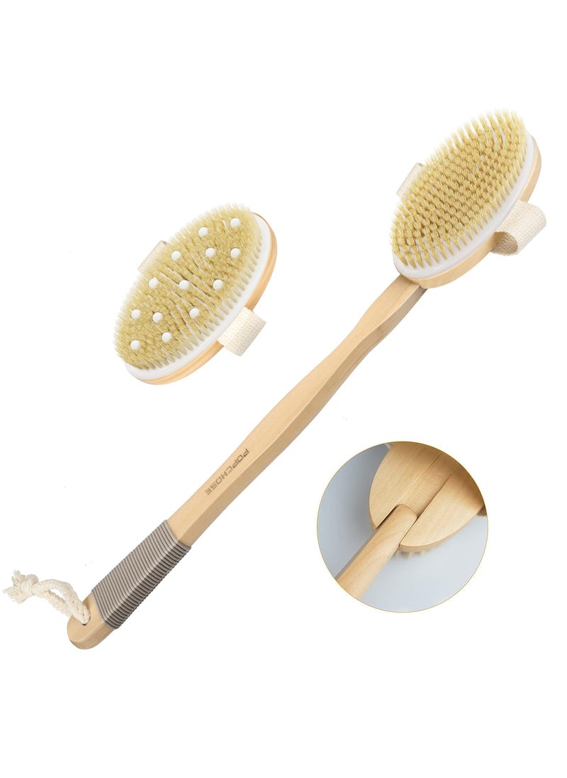 POPCHOSE - Dry Brushing Body Brush, POPCHOSE Body Scrubber for Men Women, Back Scrubber for Shower, Natural Bristle Exfoliator Scrubber for Body Cellulite and Lymphatic, Long Handle, Detachable, Dual Brush Heads - Image 1