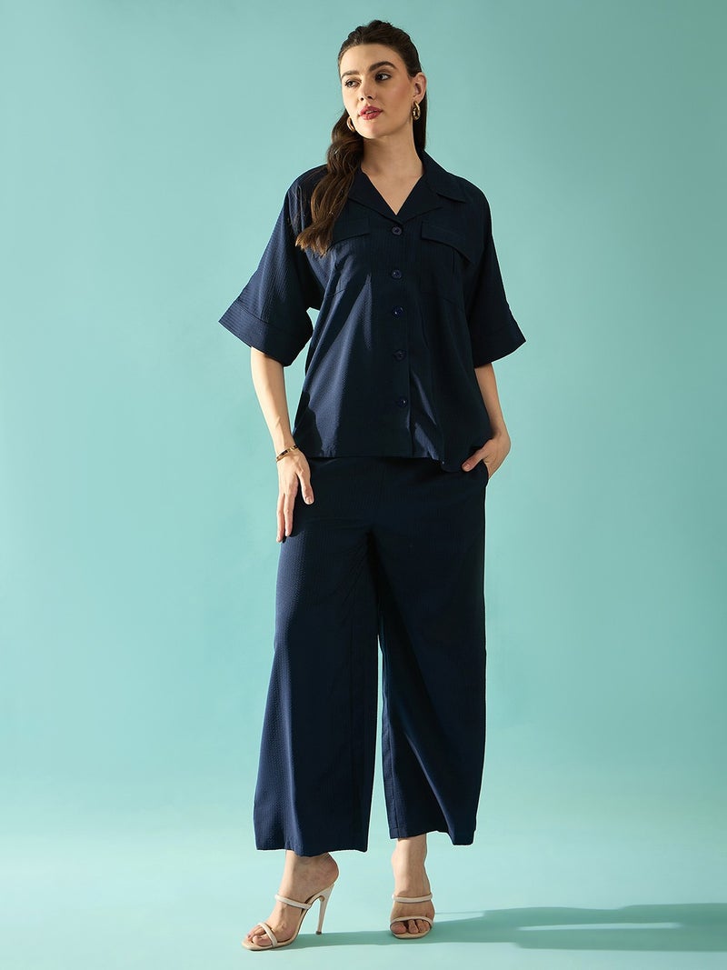بانيت طقم متناسق (Co-ord Set) قميص فضفاض (Oversized) من قماش السيرساكر (Seersucker) مع بنطلون - Image 1