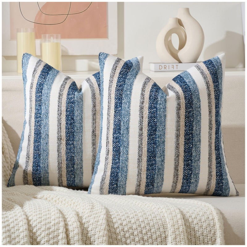 Zealax Modern Farmhouse Decorative Pillow Covers 18x18 Inch Boho Throw Pillows Neutral Soft Chenille Couch Cushion Covers, Set of 2 Velvet Striped Accent Pillows Cases for Sofa Bed Living Room, Blue - Image 1