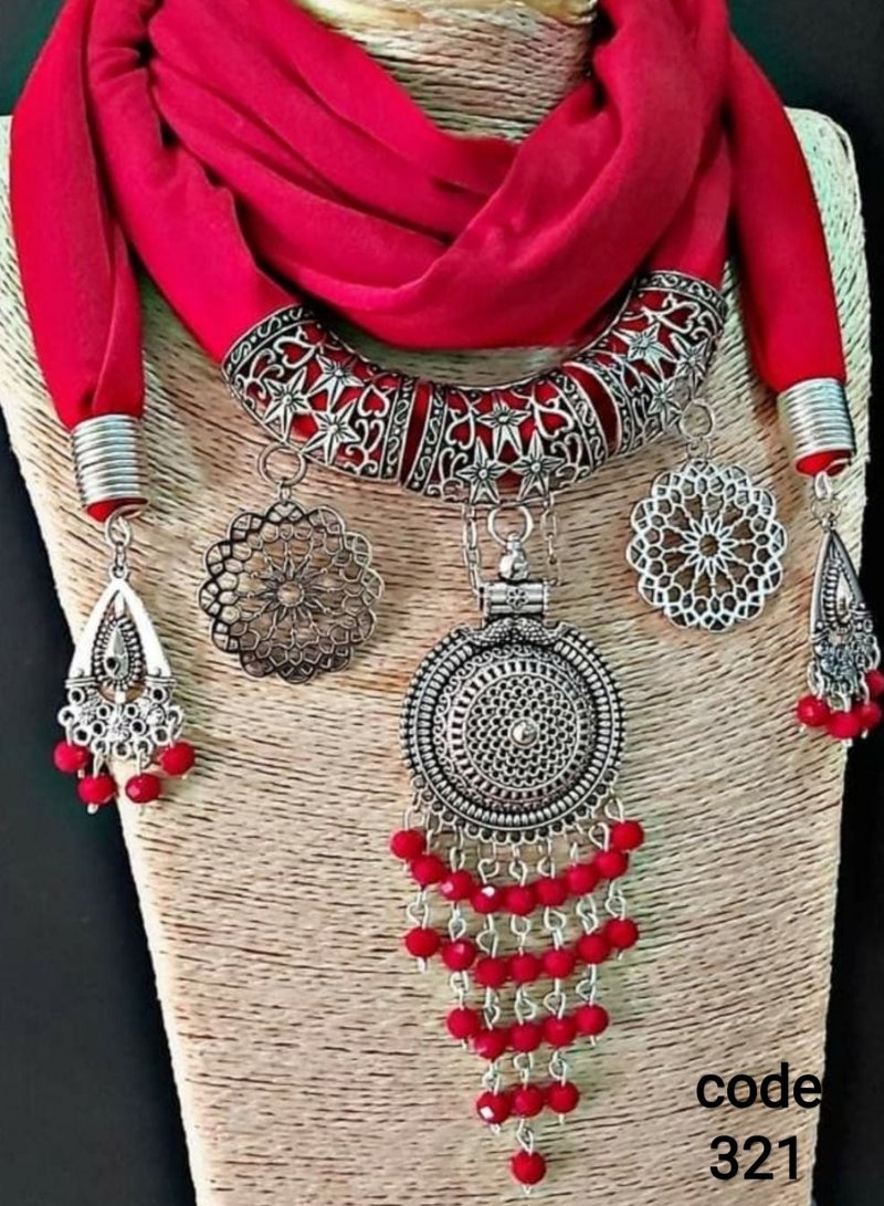 R&R A lycra cotton scarf necklace with multiple nickel silver and stretch crystal pendants