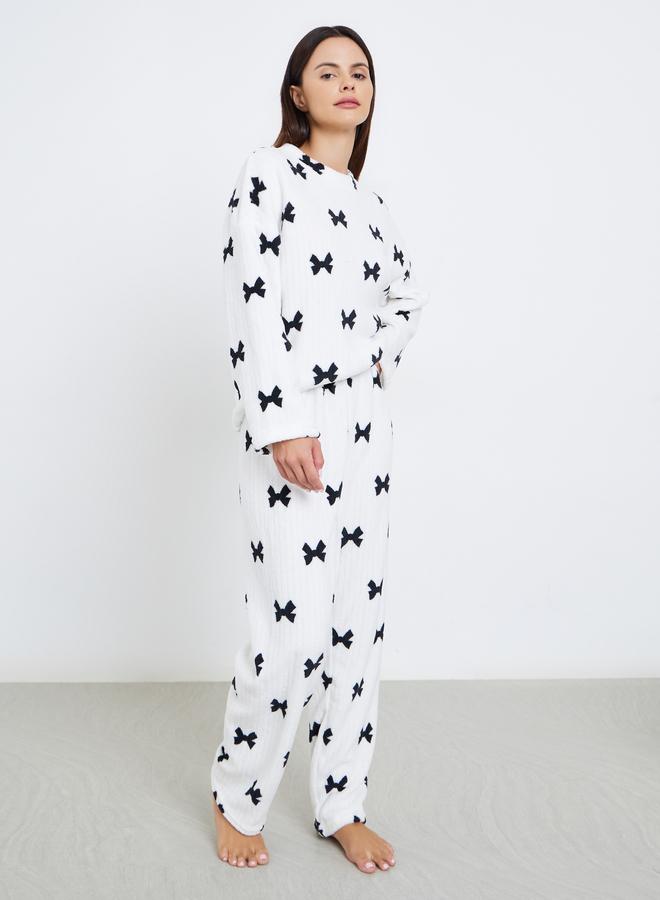 Styli Rib Fleece Bow Print Long Sleeve Top and Pyjama Set - Image 2