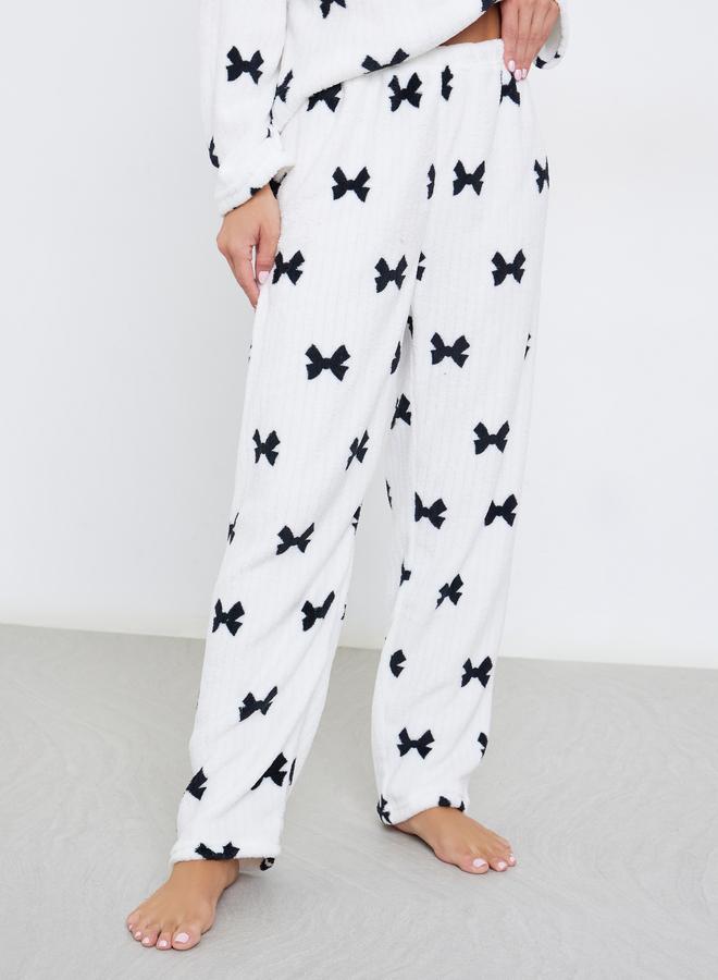 Styli Rib Fleece Bow Print Long Sleeve Top and Pyjama Set - Image 5