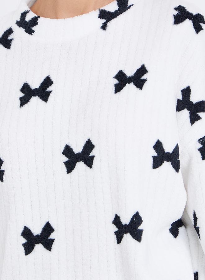 Styli Rib Fleece Bow Print Long Sleeve Top and Pyjama Set - Image 4