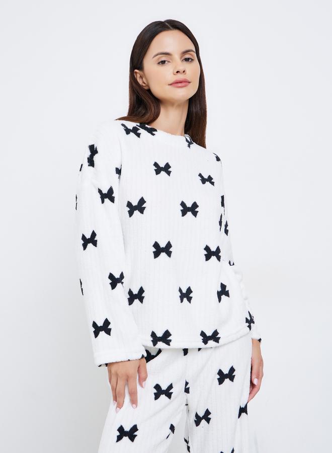 Styli Rib Fleece Bow Print Long Sleeve Top and Pyjama Set - Image 3