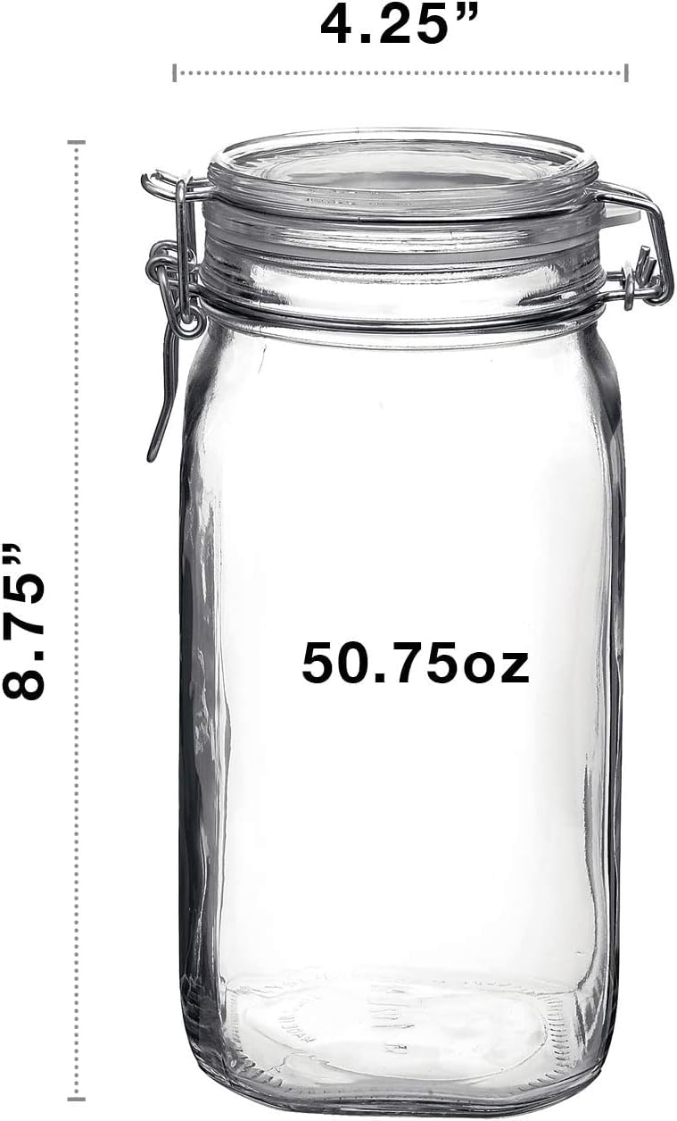 Bormioli Rocco Fido Wide Mouth Squared Glass Jar with Airtight Gasket Clamp Lid for Canning and Food Storage, Clear Top, 50.75 oz. - Image 2