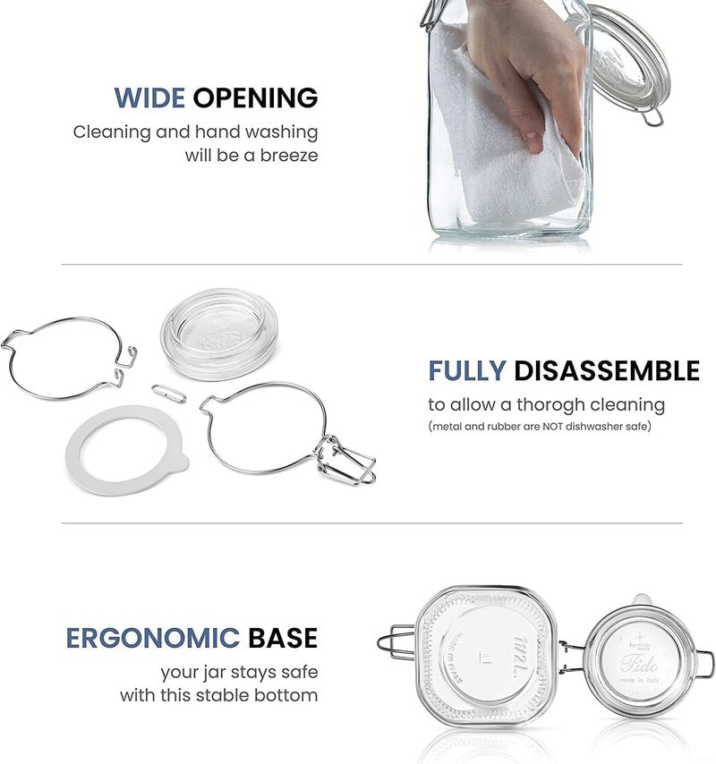 Bormioli Rocco Fido Wide Mouth Squared Glass Jar with Airtight Gasket Clamp Lid for Canning and Food Storage, Clear Top, 50.75 oz. - Image 5