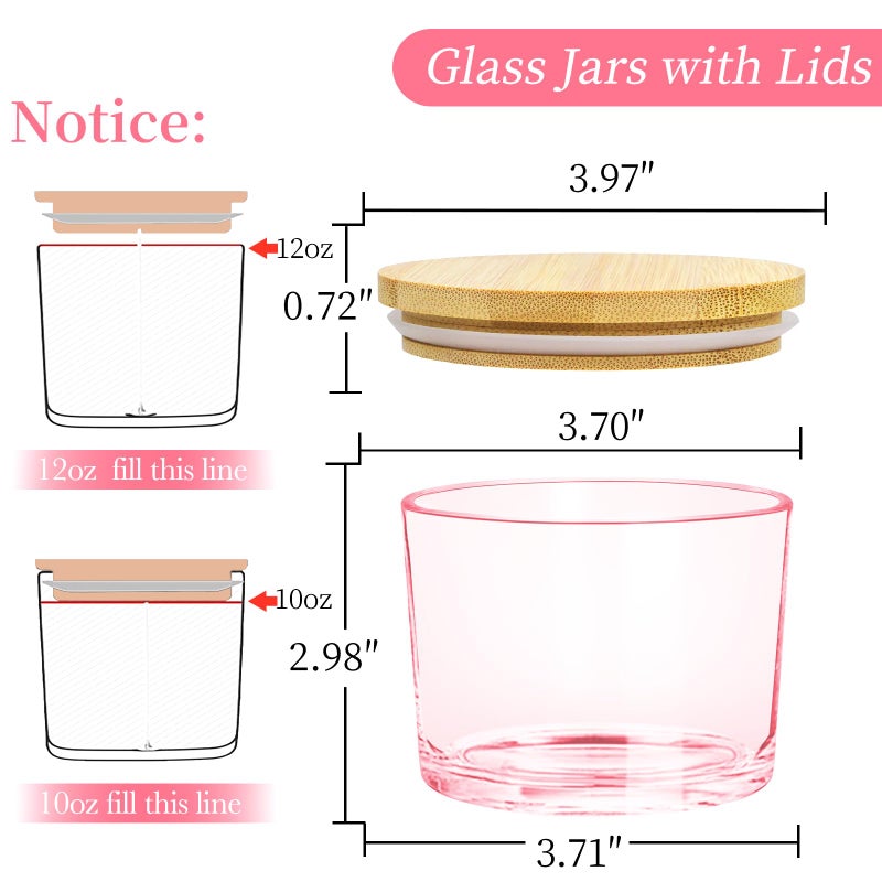 CONNOO 8 Pack 12 OZ Pink Glass Wide Mouth Candle Jars for Making Candles with Airtight Bamboo Lids Nice Sticky Warning Labels for Candle Making Empty Container Bulk - Dishwasher Safe - Image 2
