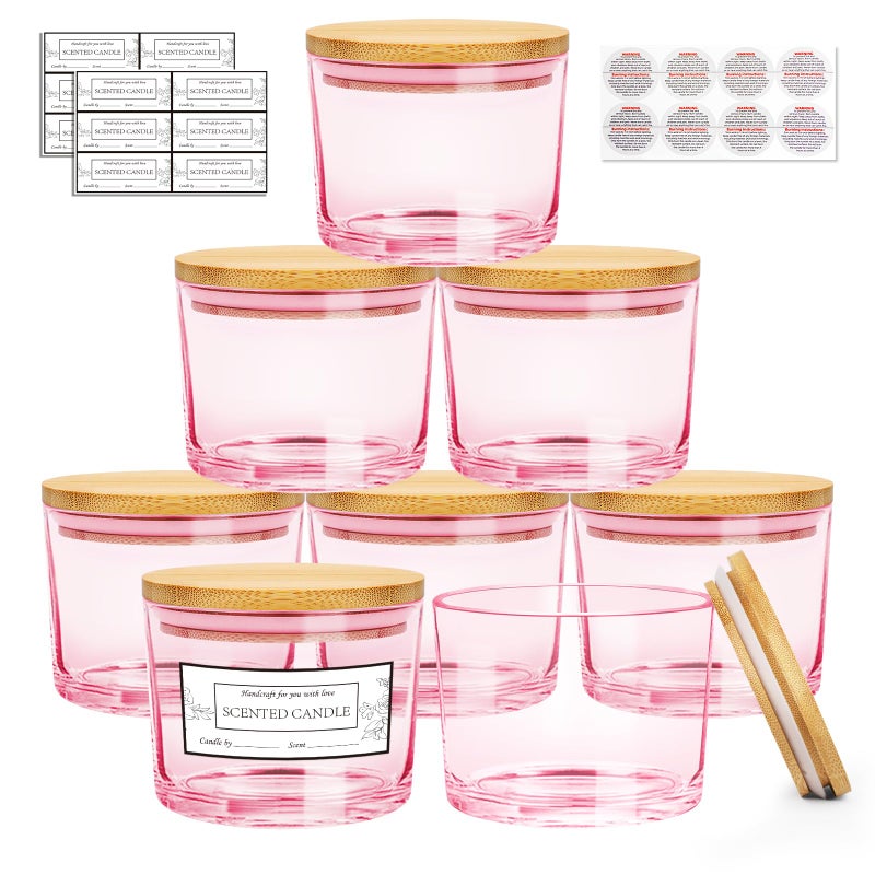 CONNOO 8 Pack 12 OZ Pink Glass Wide Mouth Candle Jars for Making Candles with Airtight Bamboo Lids Nice Sticky Warning Labels for Candle Making Empty Container Bulk - Dishwasher Safe - Image 1