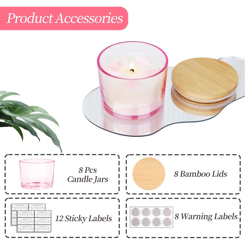 CONNOO 8 Pack 12 OZ Pink Glass Wide Mouth Candle Jars for Making Candles with Airtight Bamboo Lids Nice Sticky Warning Labels for Candle Making Empty Container Bulk - Dishwasher Safe - Image 3