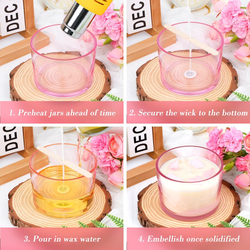 CONNOO 8 Pack 12 OZ Pink Glass Wide Mouth Candle Jars for Making Candles with Airtight Bamboo Lids Nice Sticky Warning Labels for Candle Making Empty Container Bulk - Dishwasher Safe - Image 4