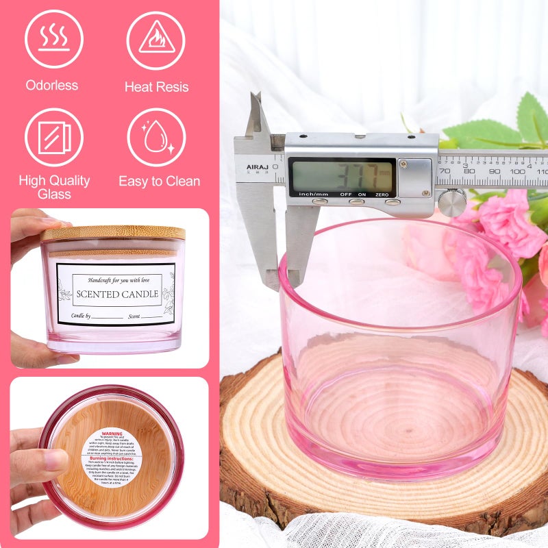 CONNOO 8 Pack 12 OZ Pink Glass Wide Mouth Candle Jars for Making Candles with Airtight Bamboo Lids Nice Sticky Warning Labels for Candle Making Empty Container Bulk - Dishwasher Safe - Image 5