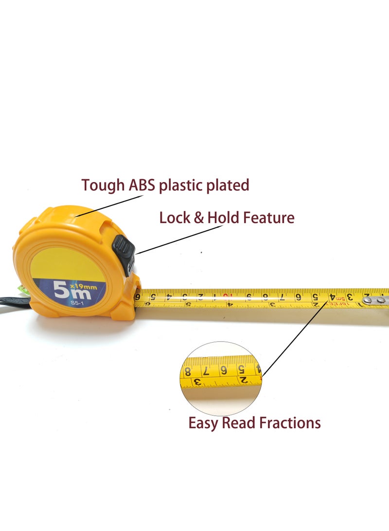 SUNRISE Tape Measure 5m Chrome-Plated ABS, Heavy Duty, Multi-Purpose Measuring Tape with Clear Fraction Markings, Non-Slip Grip, Auto Lock Manual Override for Construction, Engineering - Image 4