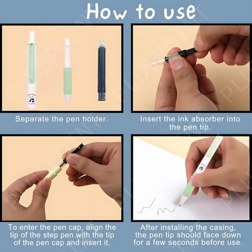 PLUSPOINT Panda Fountain Pen for Students,Iridium Tip Nib Refillable Click Fountain Pen Set (2 Pcs) with 6 Ink Refills,Kawaii Stationery Gift for Kids,Perfect for Office & School Use (Panda),Blue - Image 3