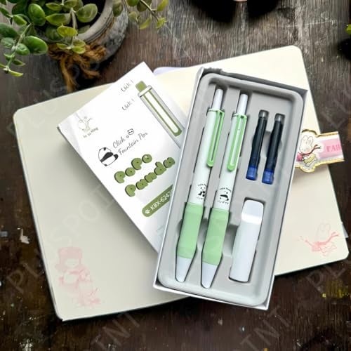 PLUSPOINT Panda Fountain Pen for Students,Iridium Tip Nib Refillable Click Fountain Pen Set (2 Pcs) with 6 Ink Refills,Kawaii Stationery Gift for Kids,Perfect for Office & School Use (Panda),Blue - Image 4