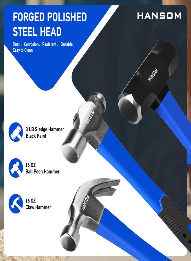 HANSOM 5-Pack Hammer Set,Rubber Mallet 32oz, Double-Faced Mallet 22oz,16oz Claw Hammer,16oz Ball Peen Hammer,3lb Sledge Hammer,Ergonomic Handle - Image 2